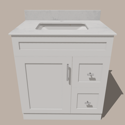 30-Inch Shaker Bathroom Vanity with Drawers — Left or Right | White or Gray | Plywood Cabinet, Solid-Wood Door, Soft-Close 3-Way Clip-On Hinges