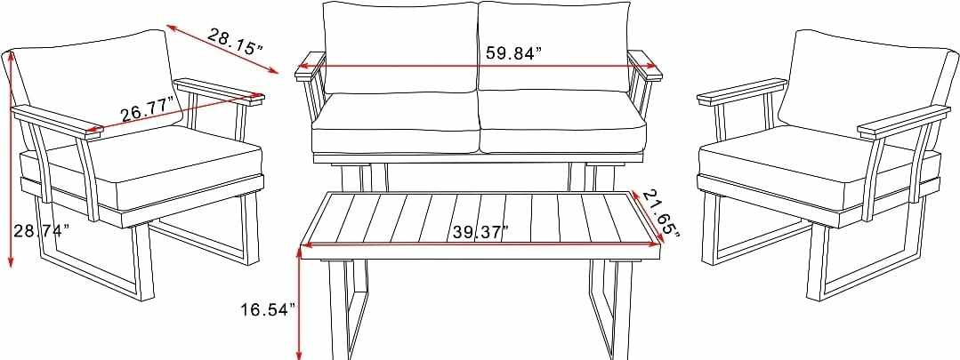 VAKKER  Modern 4 Seater Aluminum Patio Set with Polywood Coffee Table CHARCOAL GREY CUSHION