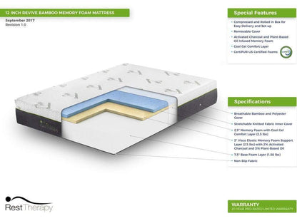 12 Inch Revive Bamboo Cool Gel Memory Foam Mattress - Available in 3 Sizes