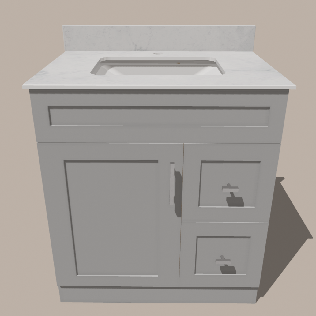 30-Inch Shaker Bathroom Vanity with Drawers — Left or Right | White or Gray | Plywood Cabinet, Solid-Wood Door, Soft-Close 3-Way Clip-On Hinges