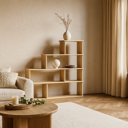 Step bookshelf in white oak