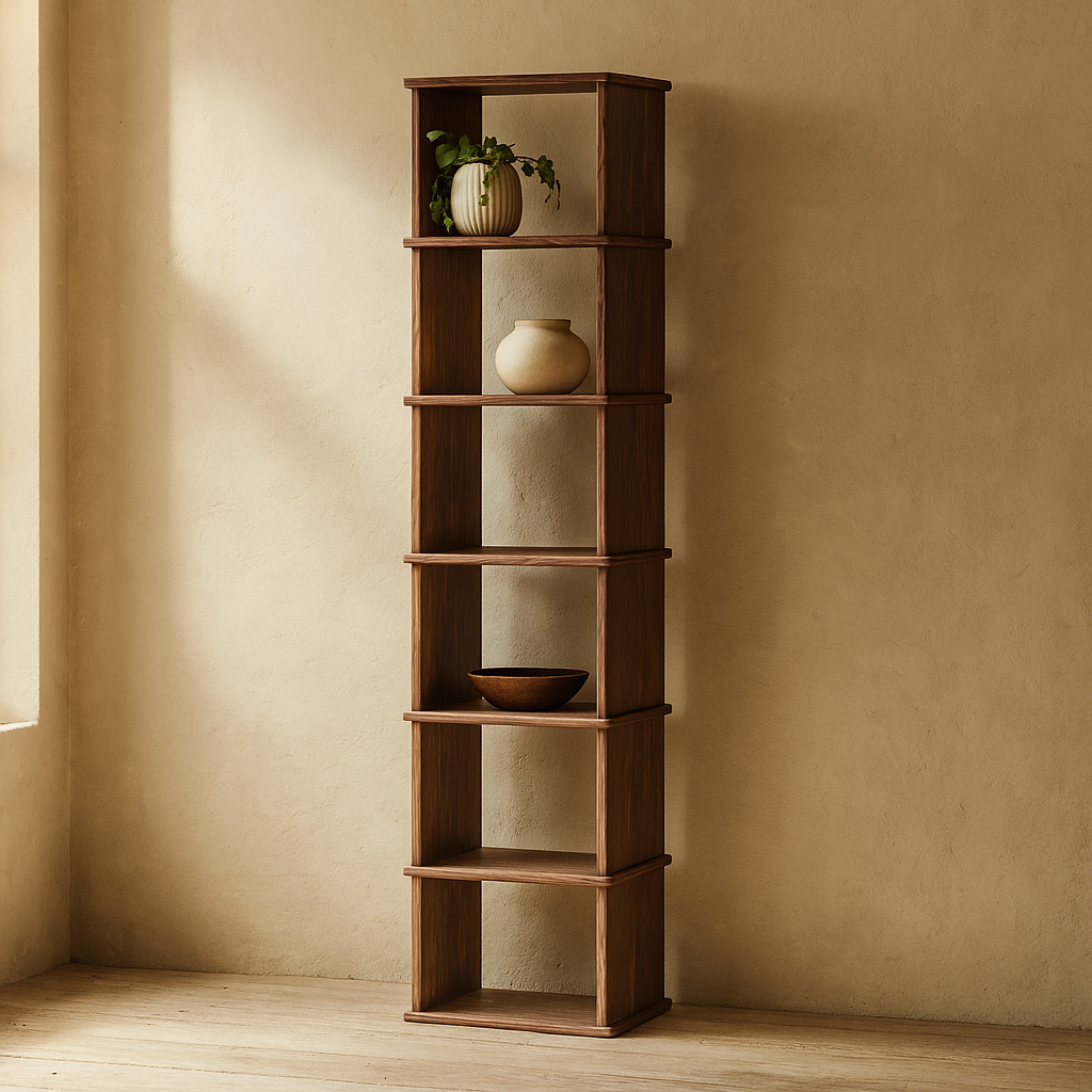 Tall narrow bookcase in walnut