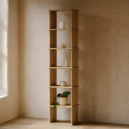 Tall narrow bookcase in white oak