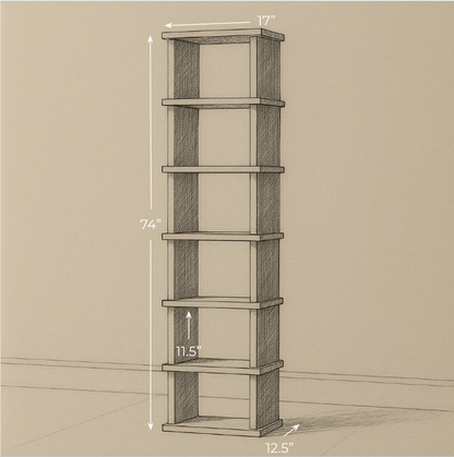 Tall narrow bookcase in white oak