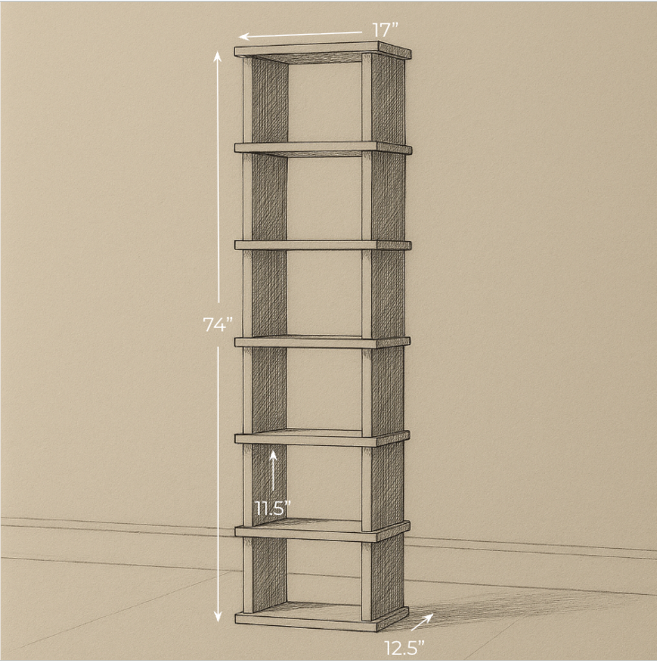 Tall narrow bookcase in walnut