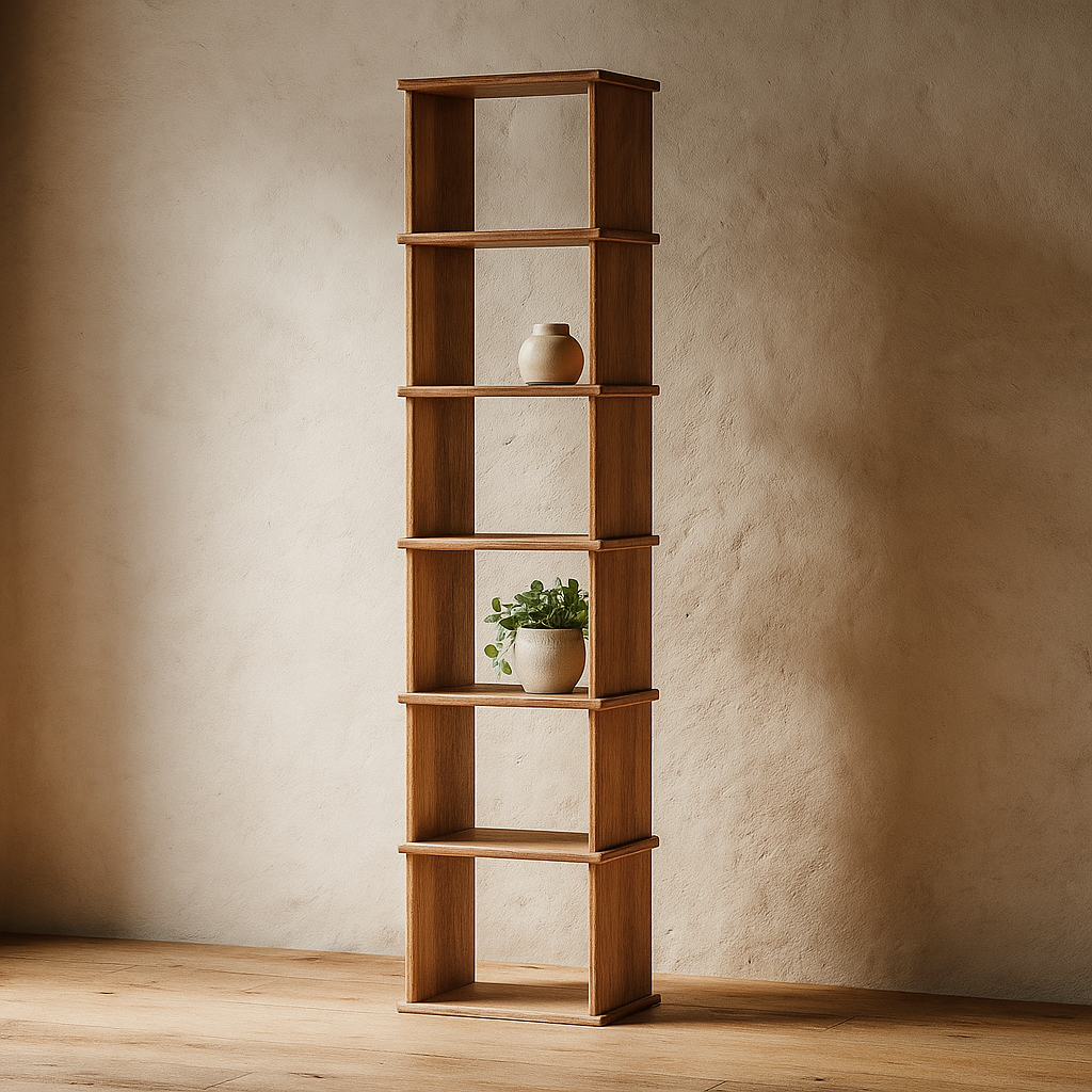 Tall narrow bookcase in red oak