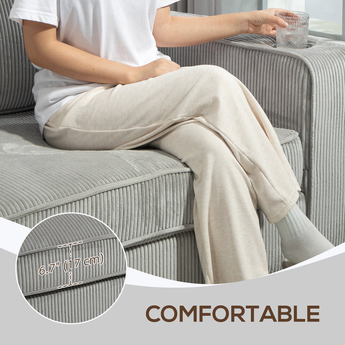 Laura Upholstered Sofa with Cup Holders-Light Grey