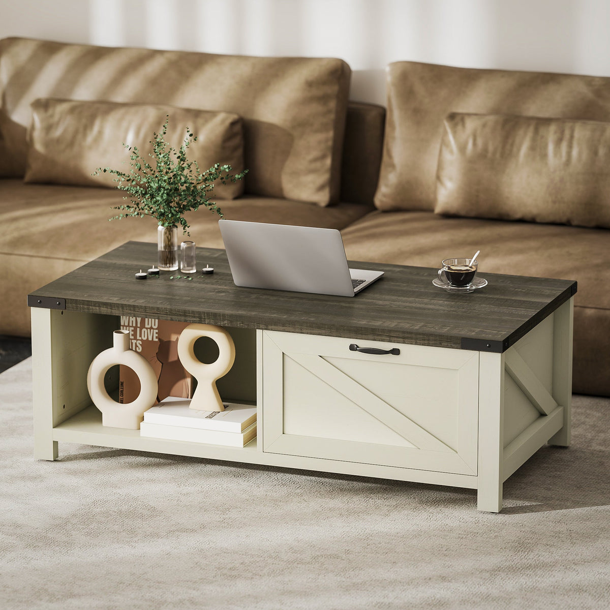 Lowen Farmhouse Coffee Table with Drawer and Open Storage Shelf-Distressed Grey/White