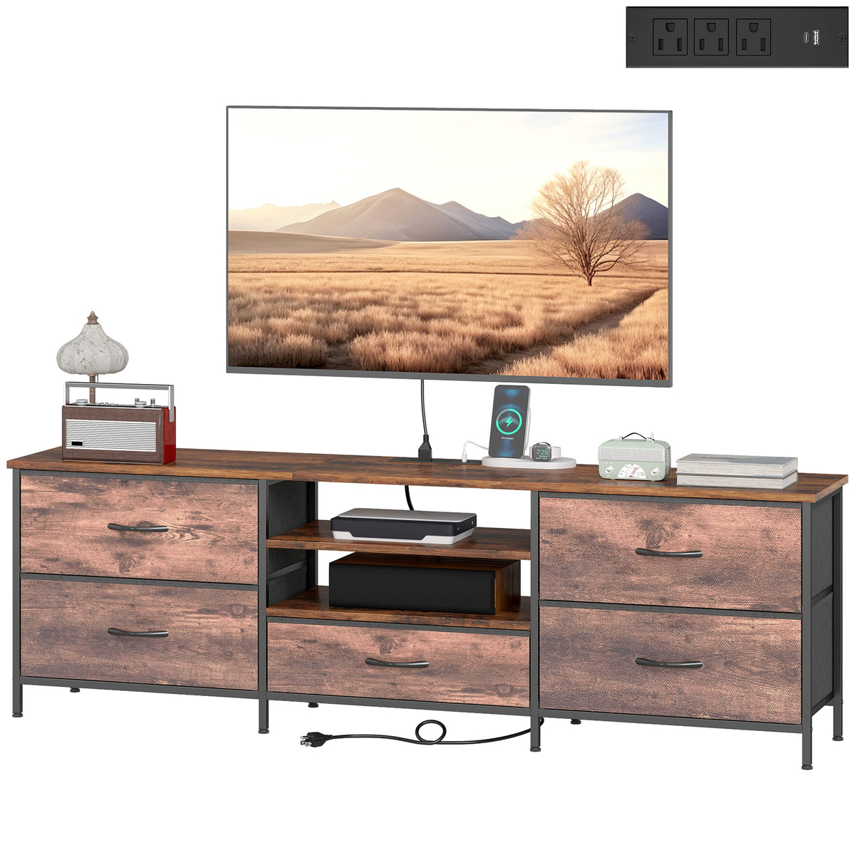 Jamie TV Stand with Charging Station for TVs up to 70 Inches-Rustic Brown