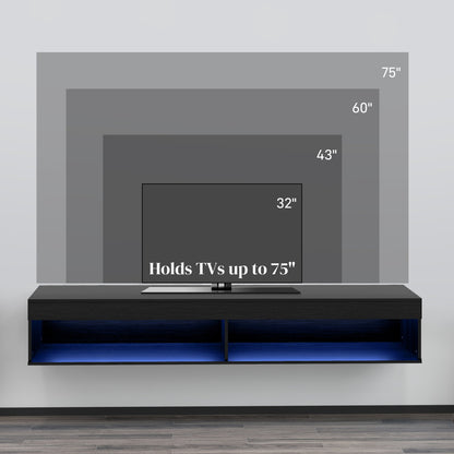 Lane Modern Wall Mounted TV Stand with Storage and LED Lights-Black